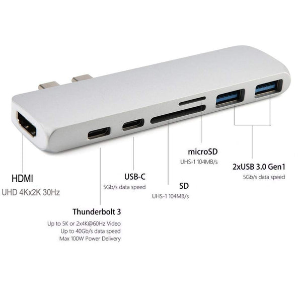 OMNIHIL (Silver) USB C Hub for MacBook Pro 2016/2017, 7 in 1 USB-C to HDMI Output, 2-Ports USB-C, SD+MicroSD Card Readers, and 2-Ports USB 3.0