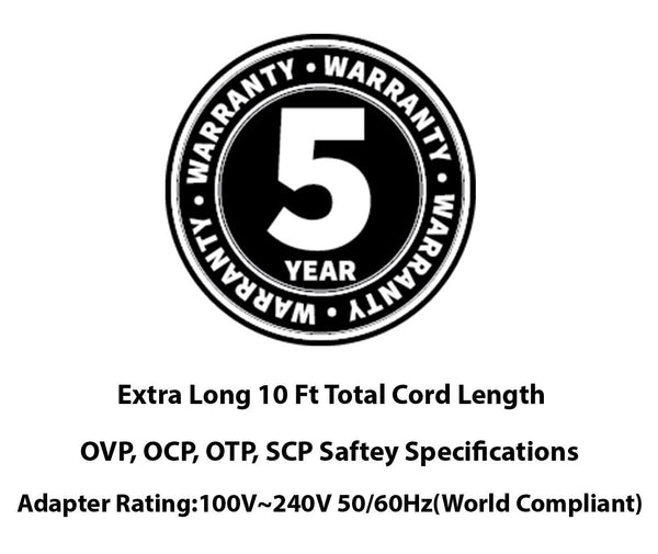 [10 FT] OMNIHIL AC/DC Power Adapter 12V 5A (5000mA) 5.5x2.5mm Regulated/UL Listed/CE/FCC Certified (Compatible with Many Models)